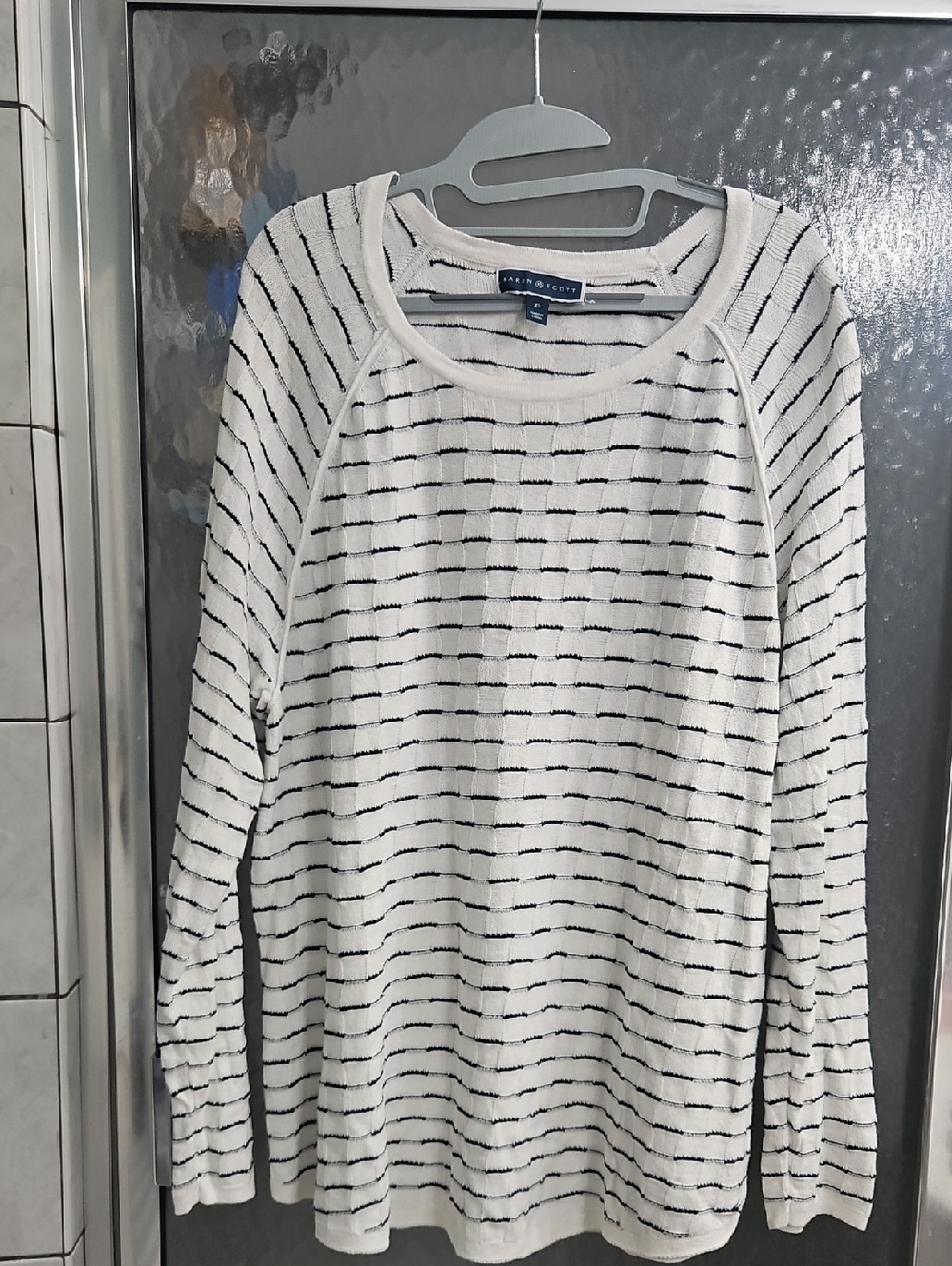 Karen Scott White and Black Striped Crewneck Sweater